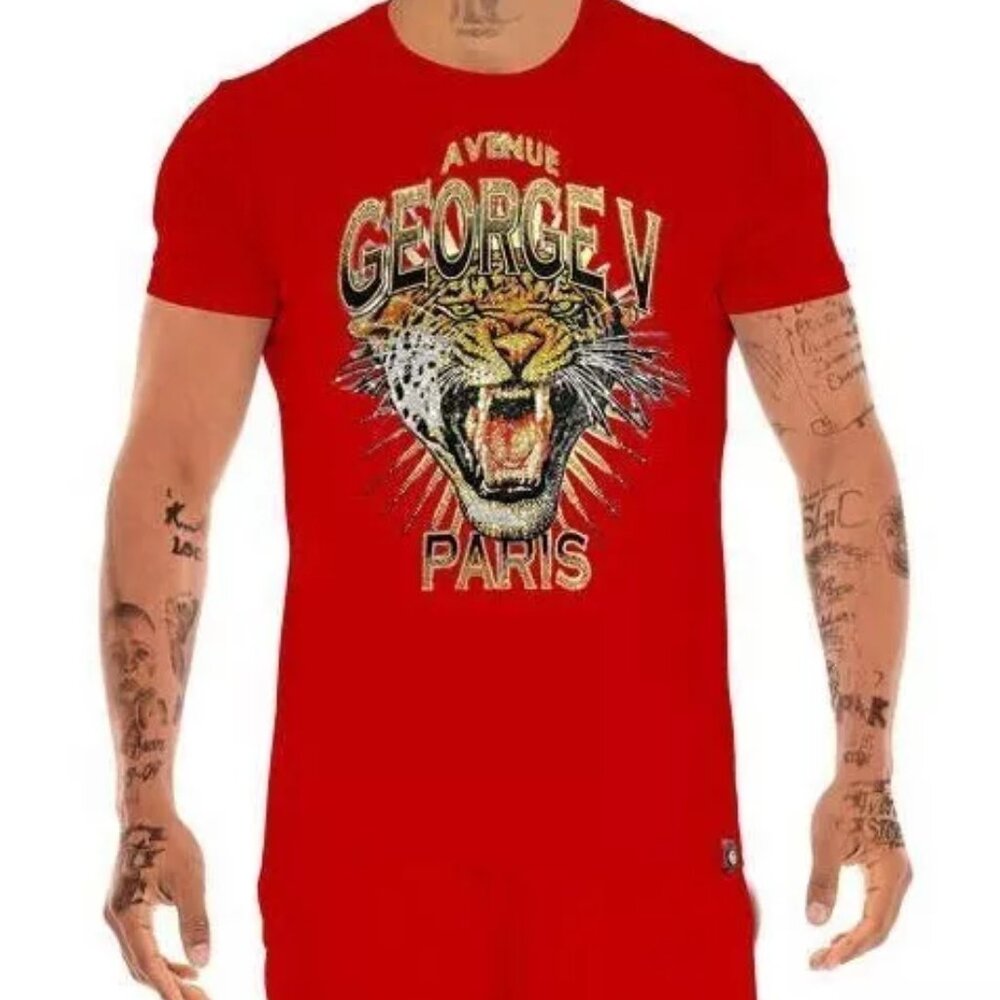 Avenue George V Paris Short Set Men's Red 2 piece set Lion Rhinestone 3XL XL NWT